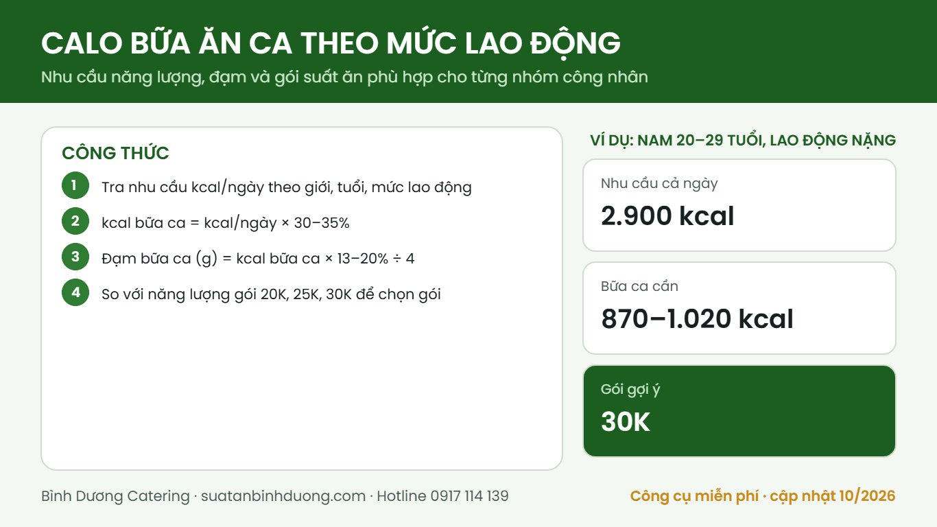 Công thức tính calo và đạm bữa ăn ca theo mức lao động, ví dụ nam lao động nặng cần 870–1.020 kcal